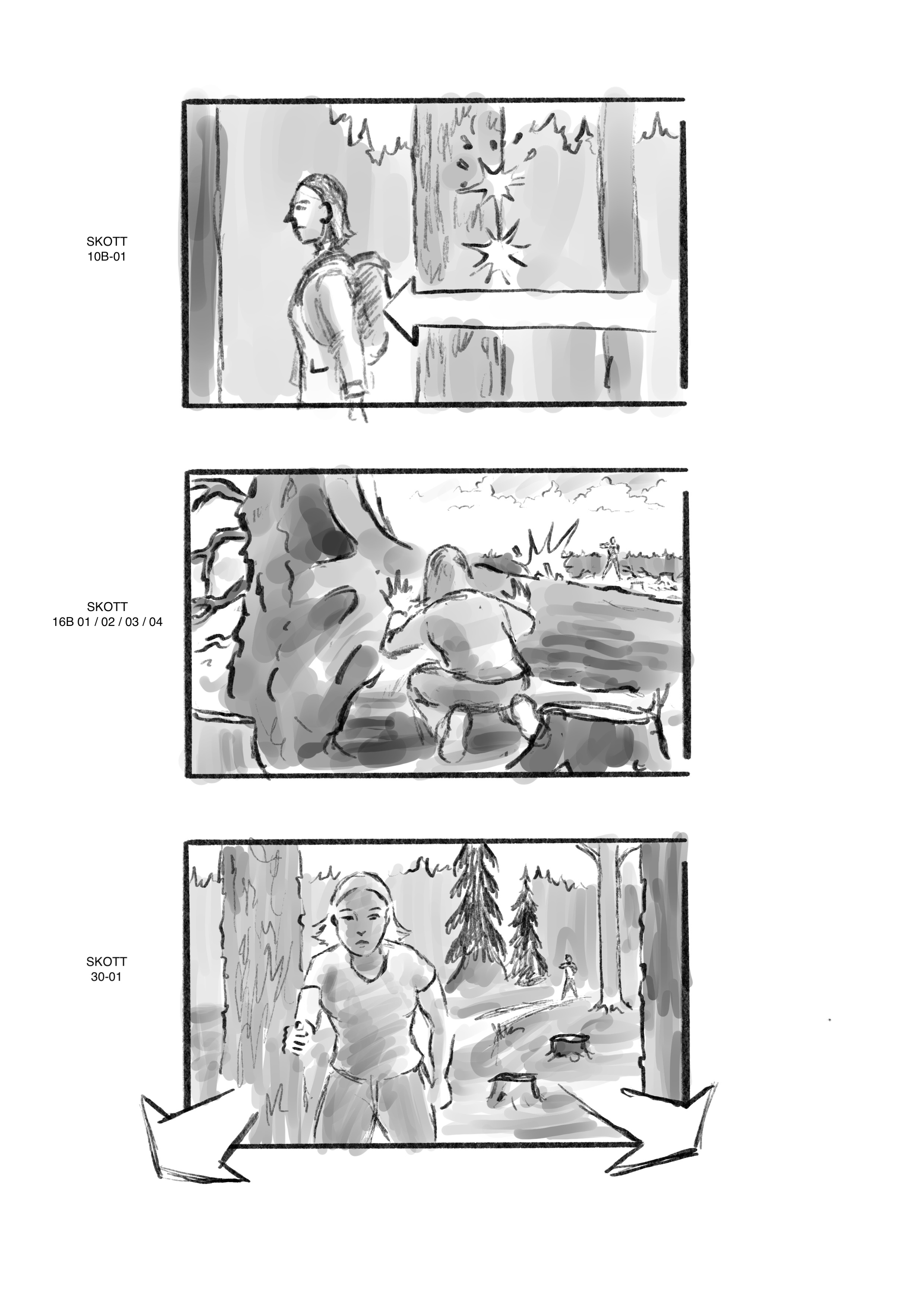 Storyboard från förproduktionen med tre planerade scener i skogen